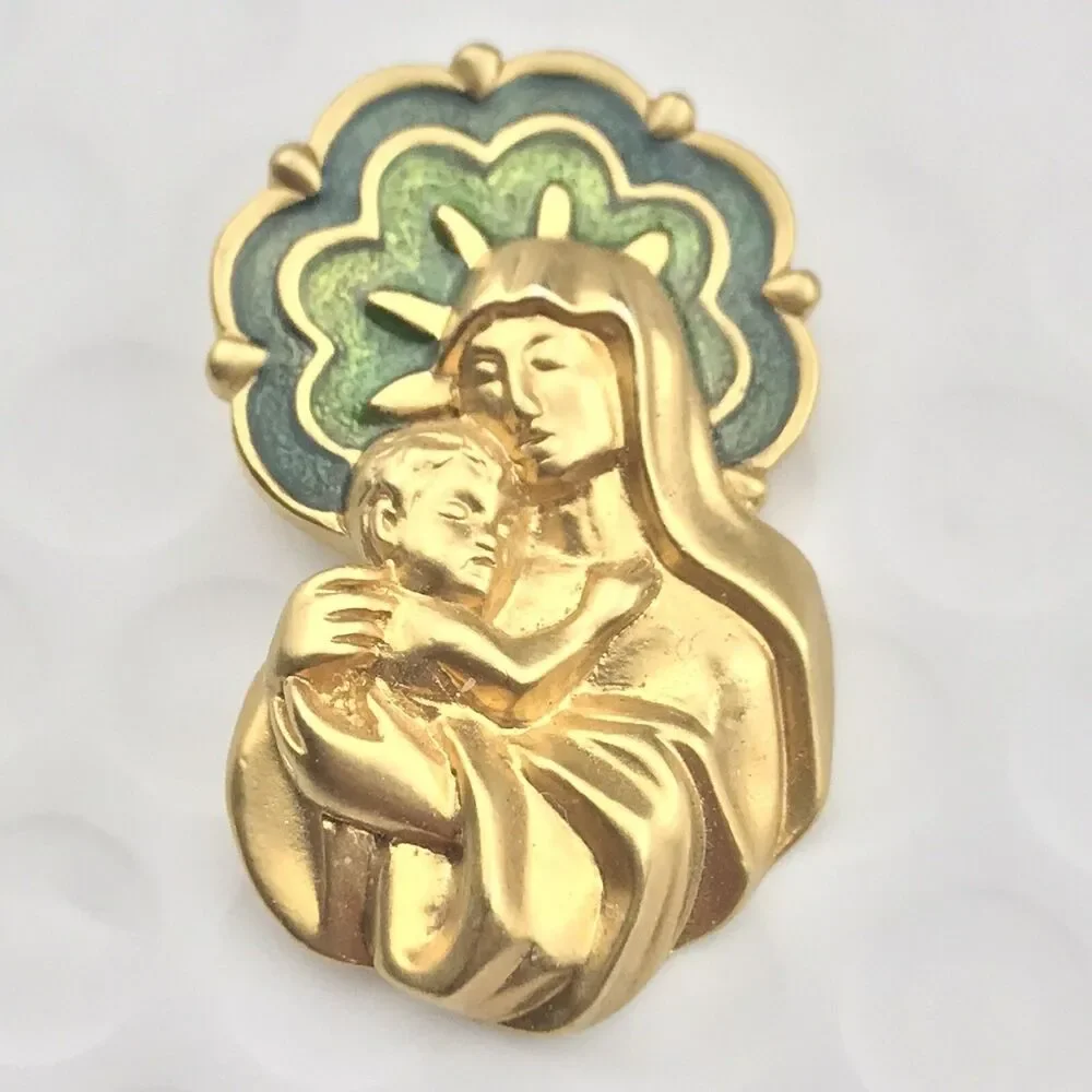 AVON Pin Brooch Madonna Child Gold Green Enamel Vintage Religious Devotional